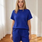 Astrid Textured Short Sleeve Top and Shorts Set - Dark Blue