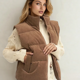 Scottie Solid Color Corduroy Puffer Vest Coat - Coffee