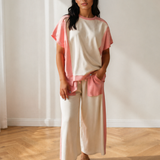 Naylani Two-tone Color Block Patchwork Tee Drawstring Loose Pant Set