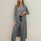 Maggie 3pcs V Neck T Shirt Ribbon Knot Pants Open Duster 3pcs Lounge Set - Gray