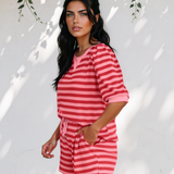 Sweet Escape Lounge Set Stripe Puff Short Sleeve T Shirt Matching Shorts Set - Red