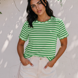Collette Stripe Scalloped Trim Round Neck T Shirt - Bright Green