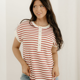 Maisie Stripe Half Buttons Round Neck T Shirt - Red
