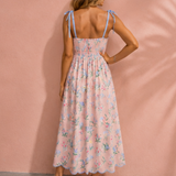 Laylani Floral Print Contrast Trim Self-tie Straps High Waist Midi Dress