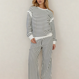 PREORDER Talia Stripe Ruffle Trim Drop Shoulder Top Drawstring Loose Pant Set | Dropship