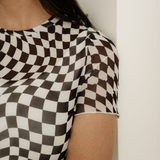Sheer Checkered Mock Neck Mesh Short Sleeve