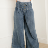 PREORDER Cora Blue Stripe Button Pleated Drawstring Waist Casual Wide Leg Jeans