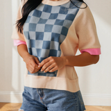 Maia Checkered Denim Patchwork Short Sleeve Loose Top