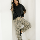Leopard Print Drawstring Elastic Waist Loose Denim Pants with Pockets