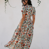 Haisley Floral Print Frilled V Neck Short Sleeve Maxi Dress - Green