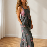 Pleated High Waist Wide Leg Denim Jumpsuit - Dark Wash