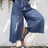 Dallas High Rise Buttons Pleated Cropped Wide Leg Denim Pants