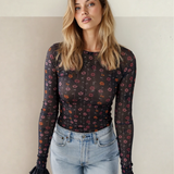 Samantha Floral Print Smocked Cuff Slim Fit Mesh Bodysuit