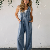 Melany Pintuck Tie V Neck Denim Wide Leg Jumpsuit