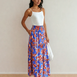 Alethea Bohemian Floral Print Tiered Maxi Skirt with Split - Blue