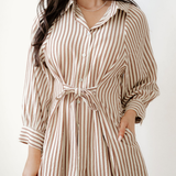 Serena Stripe Knot Waist Puff Sleeve Button Down Mini Shirt Dress
