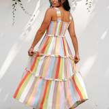 Brynn Striped Print Shirred Frilly Tiered Maxi Dress