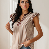 Malani Stripe Double Ruffled Short Sleeve V Neck Blouse