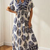 Nalani Boho Floral Print Contrast Patchwork V Neck Dolman Maxi Dress