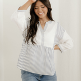 Morgan Half Button Gauze Patchwork Bracelet Sleeve Babydoll Blouse