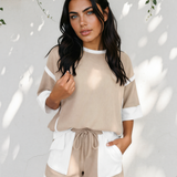 Easy Days Set Raw Edge Color Block Patchwork Oversize Tee Drawstring Loose Shorts 2pcs Set
