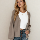 PREORDER Jane Mixed Texture Knit Button V Neck Sweater Cardigan - Brown | Dropship