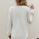 Valerie Rounded Hem Waffle Plain Long Sleeve Top - White