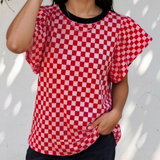 Cassidy Checkered Print Ruffle Short Sleeve Contrast Trim Round Neck Top