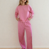 Amayah Stripe Drop Shoulder Round Neck Top and Buttoned Straight Pants Two Piece Set