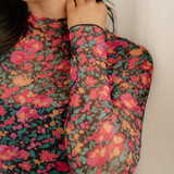 Summer Slim Fit Floral Mesh Long Sleeve Mock Neck Top - Rose