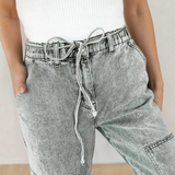 PREORDER Shiloh Acid Wash Barrel Fit Denim Pants with Waist String - Gray | Dropship