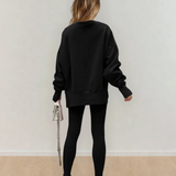 Remi Solid Color Oversize Slit Sweatshirt Ribbed Leggings 2pcs Set - Black