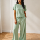 Saturday Mood Set Solid Color Loose Tee Drawstring Wide Leg Pants 2pcs Outfit - Green