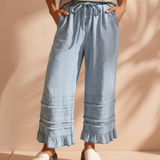 Frankie Ruffled Hem Wide Leg Chambray Pants