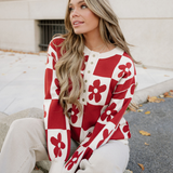 Retro Flower Plaid Henley Baggy Sweater