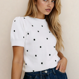 PREORDER River Polka Dot Bubble Short Sleeve Sweater - White | Dropship
