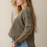 Vanessa Striped Patchwork Knit Drop Shoulder Top - Khaki