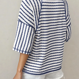 Noelle Textured Knit Split Hem Half Sleeve Loose Top - Blue