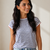 Briar Stripe Contrast Trim Round Neck Cap Sleeve Tee