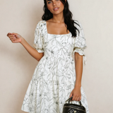 Cleo Square Neck Shirred Back Puff Sleeve Mini Dress