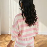 Evelyn Stripe Patchwork Zipper Pullover Elastic Waist Shorts 2pcs Set - Pink