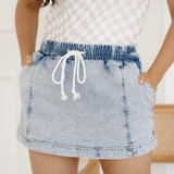 Drawstring High Waist Pocketed Denim Skort - Blue