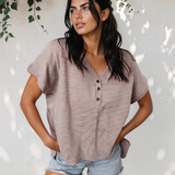 Jolie Stripe Buttoned V Neck High Low Side Slit T Shirt