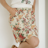 Buttoned Front Floral Scalloped Trim Mini Jacquard Floral Skirt