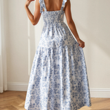 Jaylani Blue Floral Print Knot Straps High Waist Flared Maxi Dress
