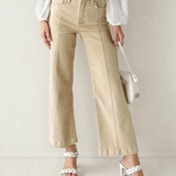 Elsie Solid Color Seamed Center Wide Leg Cropped Jeans - Apricot | Dropship