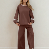 Jordyn Varsity Stripe  Drawstring Wide Leg Pant Set - Chestnut | Dropship