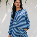 Slow Living Set Stripe Drop Shoulder Long Sleeve Pullover Elastic Waist Casual Short Set