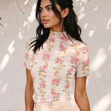 Millie Floral Print Mock Neck Short Sleeve Mesh Top
