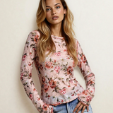 PREORDER Rose Semi Sheer Crew Neck Long Sleeve Mesh Layering Top | Dropship